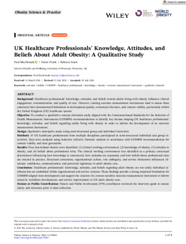 [thumbnail of Obesity Science   Practice - 2026 - MacDonald - UK Healthcare Professionals  Knowledge  Attitudes  and Beliefs About Adult.pdf]